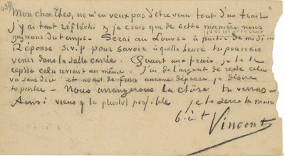 Image of the letter in which Vincent informs Theo he has already arrived in Paris.