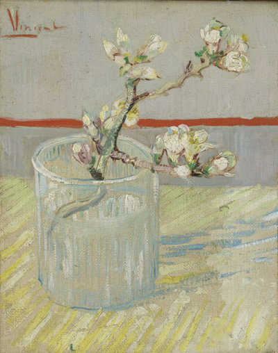 Schilderij Bloeiend Amandeltakje in Glas na restauratie