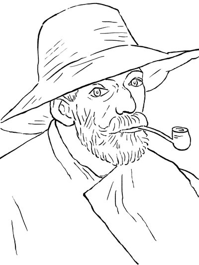 Colouring page of Vincent van Gogh's self-portrait with pipe and straw hat